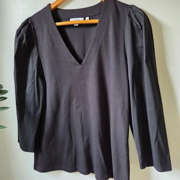 EUC LIKE NEW CHICO'S BLACK V NECK PUFFED LONG SLEEVES TOP SIZE 1 / US M WOMENS - Picture 2 of 16